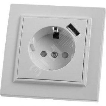PST16-9011-01 Розетка 1-местная с/з, 220В, 16А с защитной шторкой и с USB, серия Эрна, белая