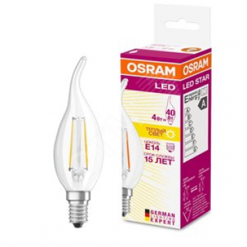 Лампа светодиодная LED 4Вт Е14 FILAMENT CLBA40, тепло-бел, прозр.свеча на ветру OSRAM
