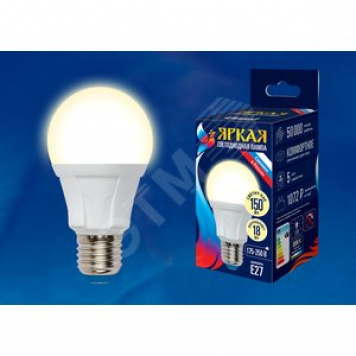 LED-A60 18W/3000K/E27/FR PLP01WH Лампа светодиодная. Форма «А», матовая. Серия Яркая. Теплый белый свет (3000K). Картон. ТМ Uniel. (LED-A60 18W/3000K/E27/FR)