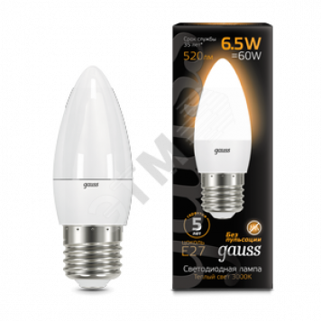 Лампа светодиодная LED 6.5вт 230в Е27 теплый мат.свеча Gauss (103102107)