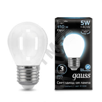 Лампа светодиодная LED 5Вт 230в,E27 Filament OPAL белый,шар Gauss (105202205)