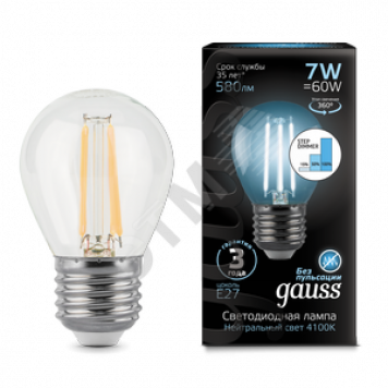 Лампа светодиодная LED 7Вт E27 4100K Filament Globe step dimmable Gauss