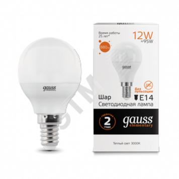 Лампа светодиодная LED 12Вт 880lm E14 3000K Elementary Шар Gauss (53112)